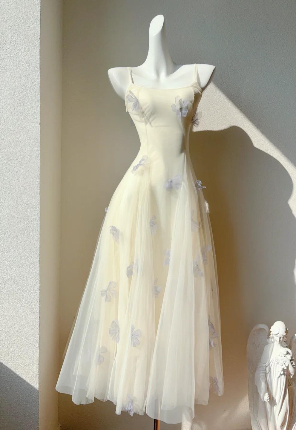 Fairytale Spaghetti Straps Cream A-Line White Square Neck Tulle Birthday Dresses Cute Party Dresses Homecoming Dress