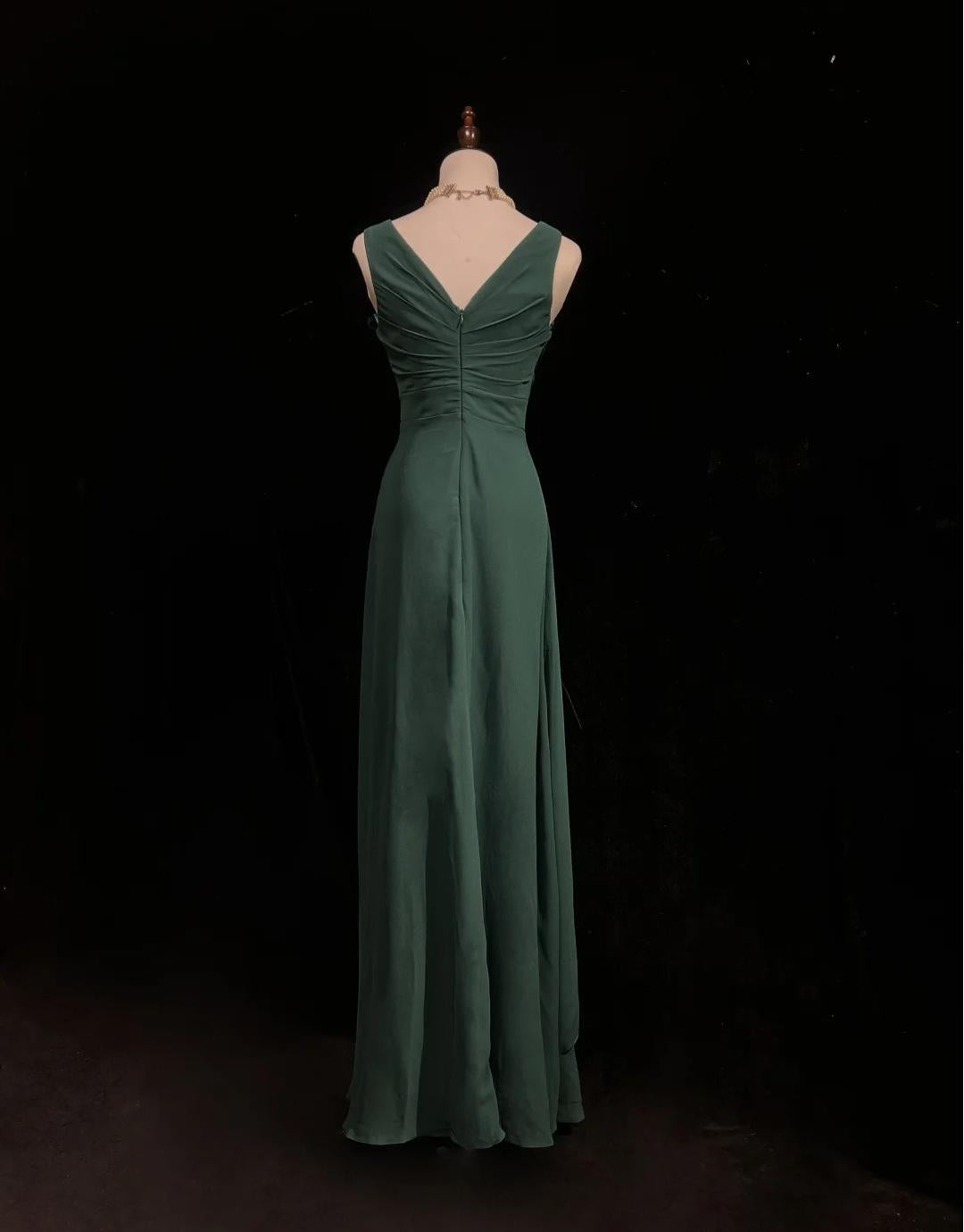 Simple Dark Green V-neck Chiffon A-Line Bridesmaids Dress Elegant Evening Dress