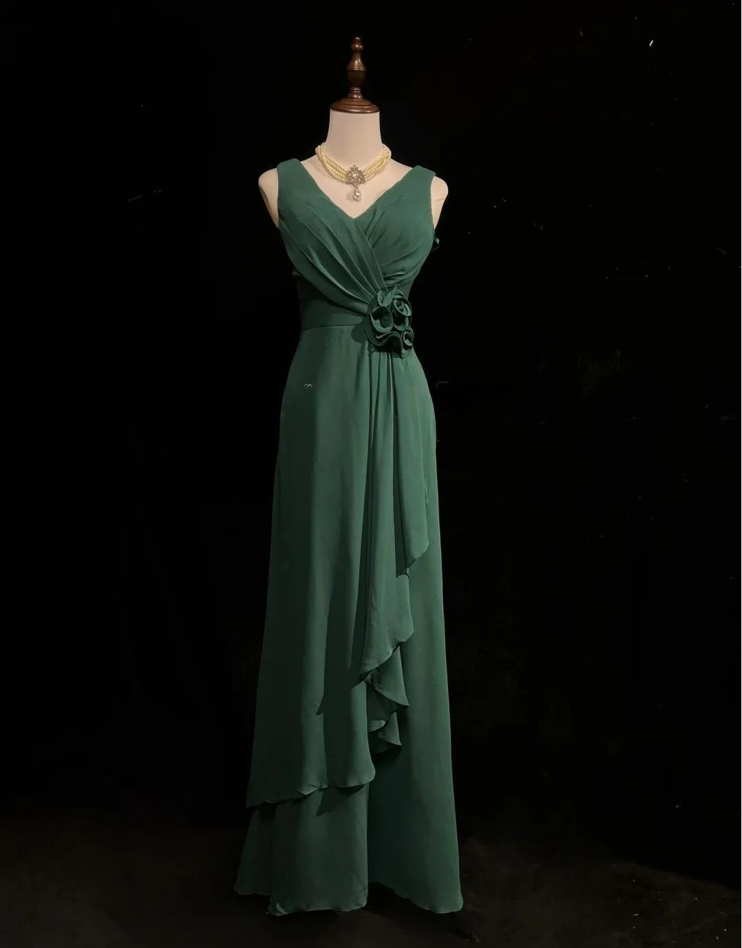 Simple Dark Green V-neck Chiffon A-Line Bridesmaids Dress Elegant Evening Dress