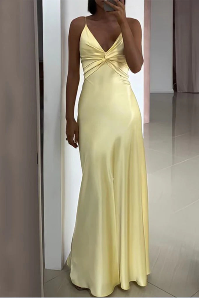 Sexy Yellow Backless Satin Sheath Spaghetti Strap V-Neck Party Dress Prom Dress