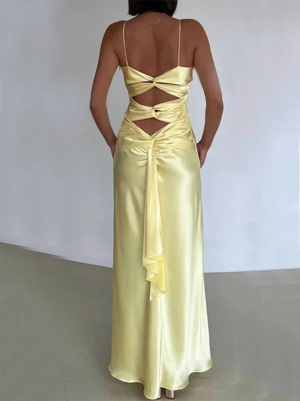 Sexy Yellow Backless Satin Sheath Spaghetti Strap V-Neck Party Dress Prom Dress