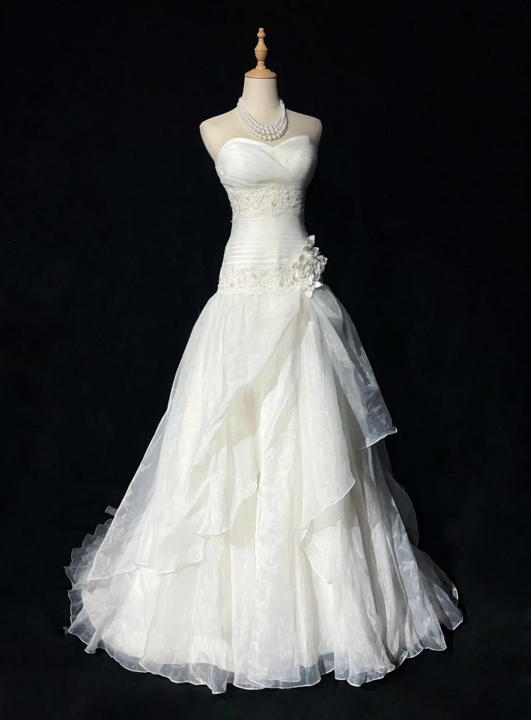 White Strapless A-Line Tulle Lace Applique Wedding Dresses Long Prom Dresses