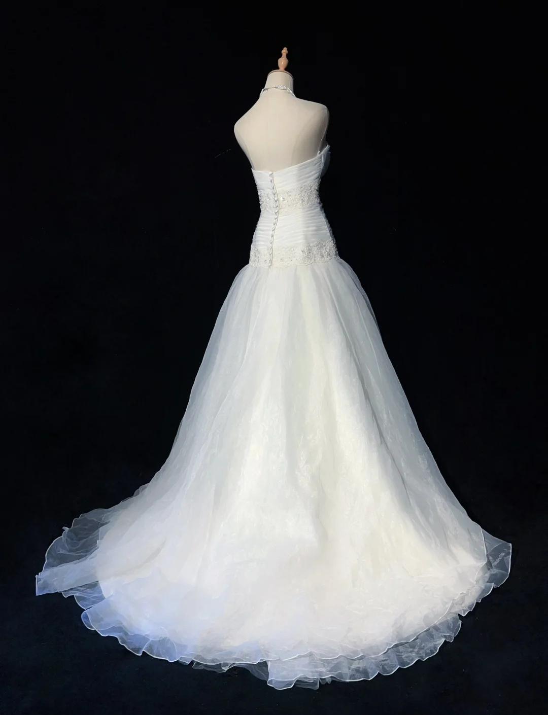 White Strapless A-Line Tulle Lace Applique Wedding Dresses Long Prom Dresses
