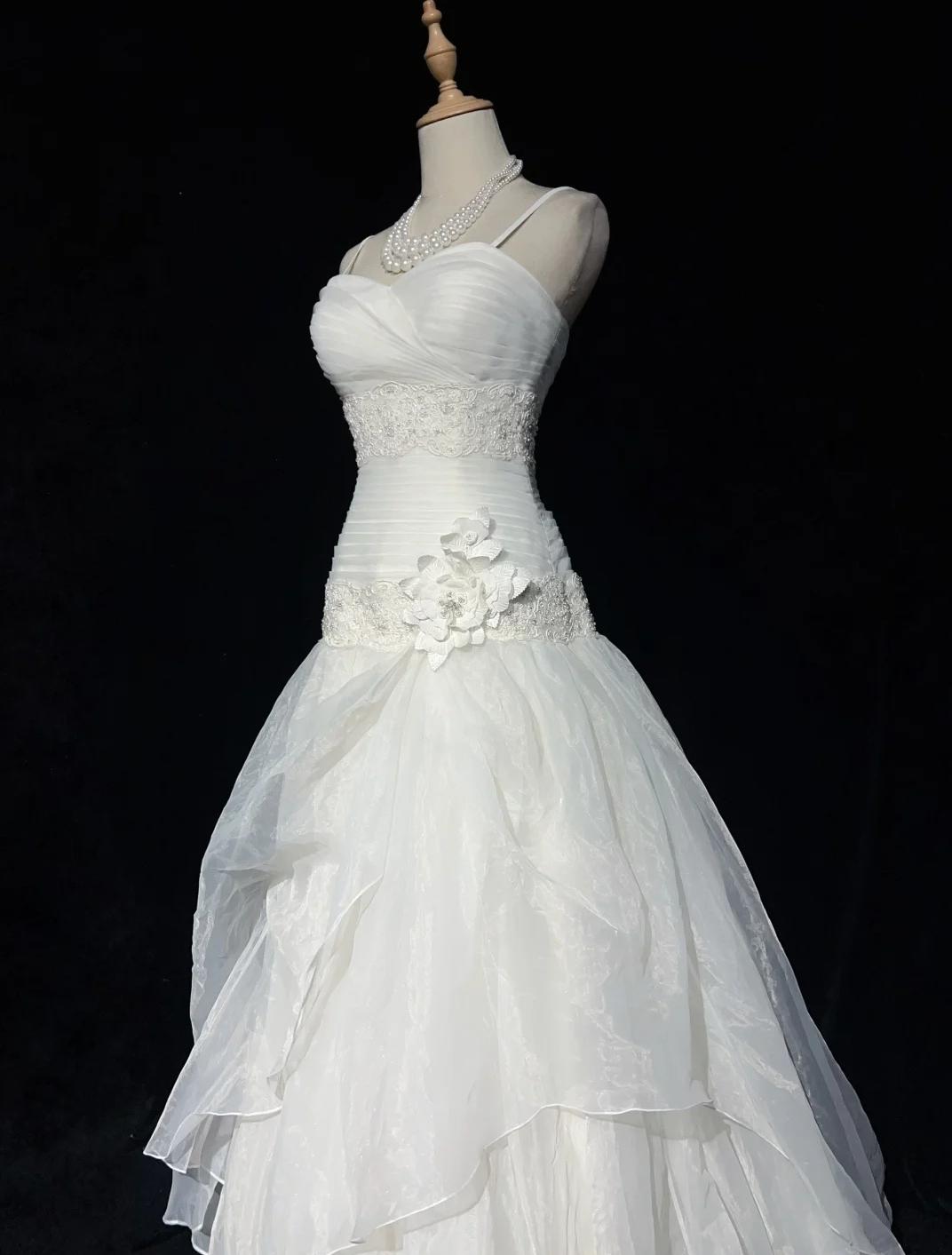 White Strapless A-Line Tulle Lace Applique Wedding Dresses Long Prom Dresses