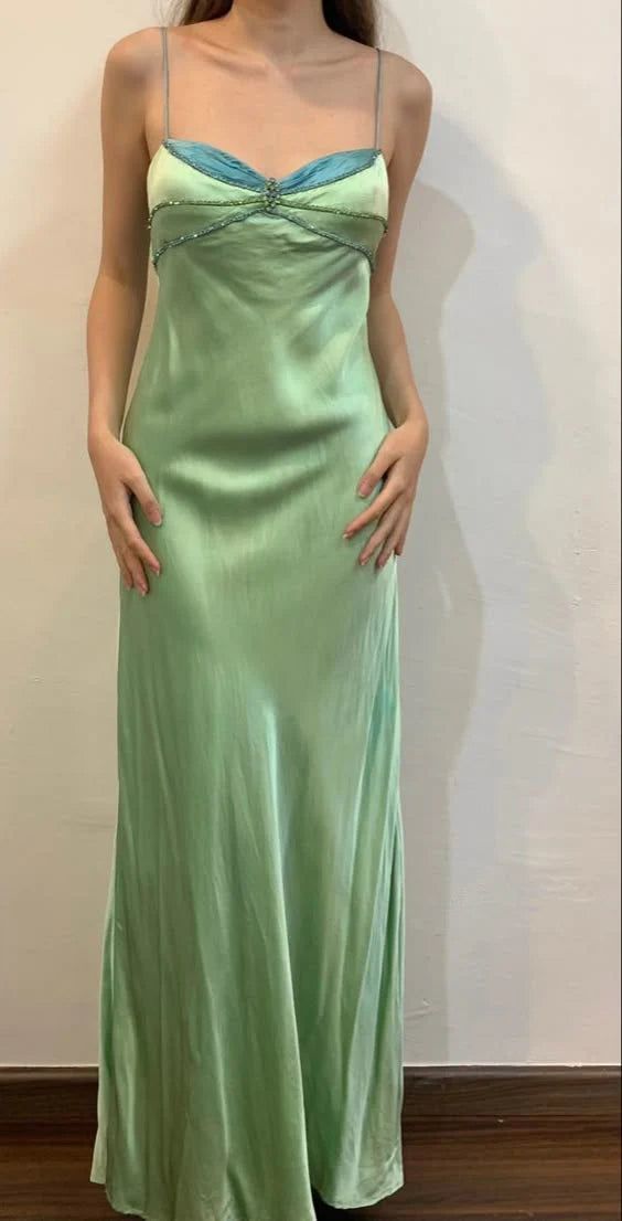 Spaghetti Strap Green Satin Sheath Evening Dresses Gothic Prom Dresses