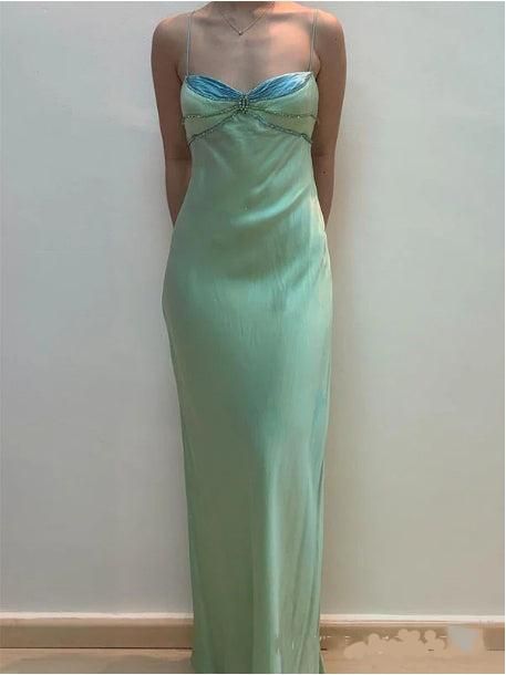 Spaghetti Strap Green Satin Sheath Evening Dresses Gothic Prom Dresses
