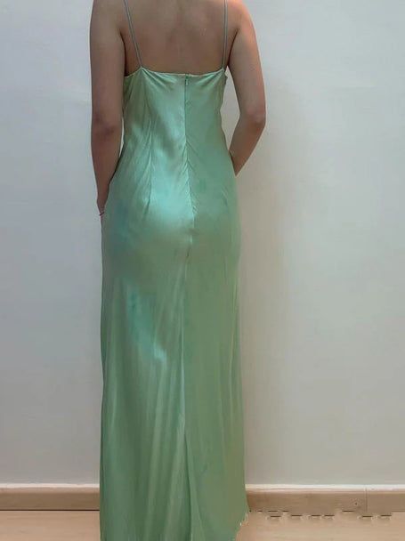 Spaghetti Strap Green Satin Sheath Evening Dresses Gothic Prom Dresses