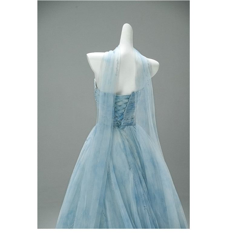 Gorgeous Strapless Blue A-Line Tulle Evening Dress Sparkling Beaded Long Prom Dresses