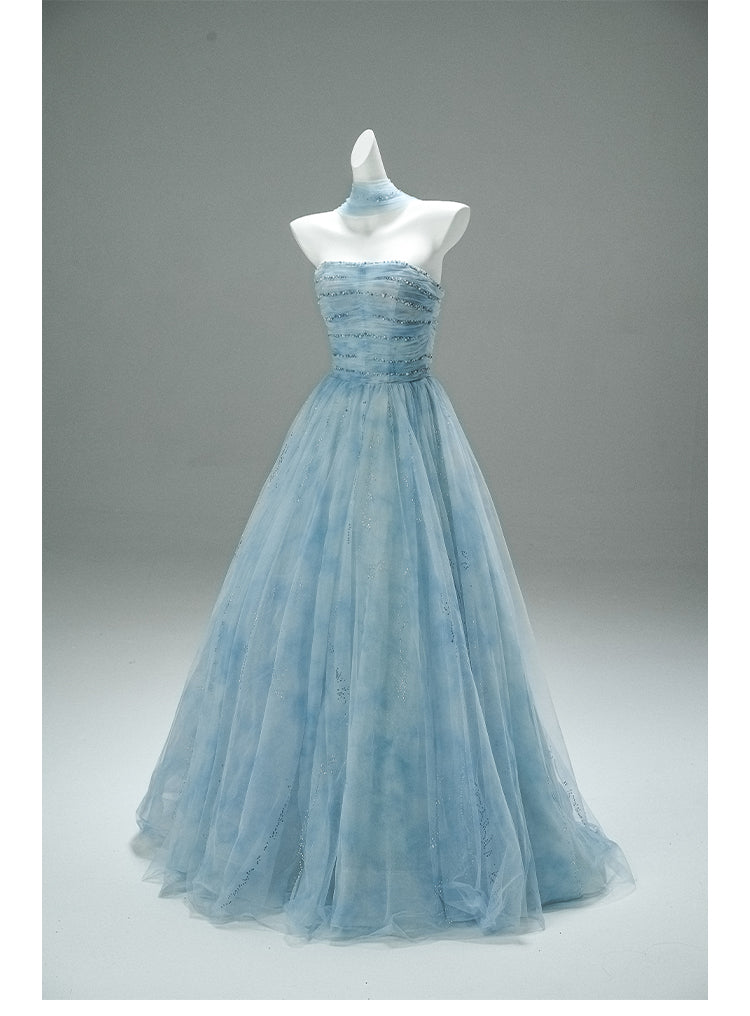 Gorgeous Strapless Blue A-Line Tulle Evening Dress Sparkling Beaded Long Prom Dresses