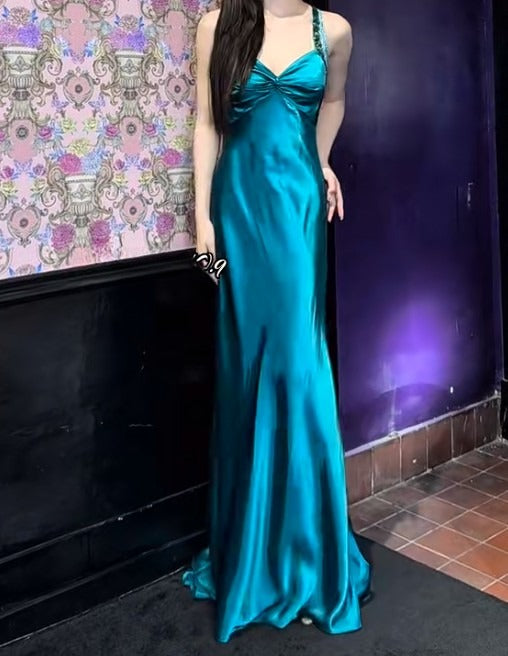 Elegant Teal Spaghetti Straps Satin Sheath Backless Retro Long Party Dress