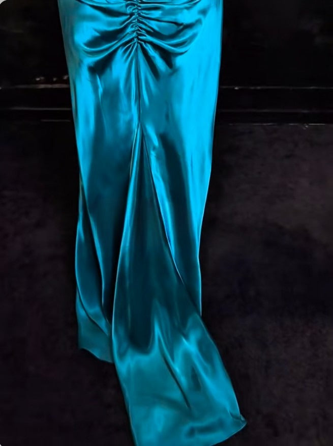 Elegant Teal Spaghetti Straps Satin Sheath Backless Retro Long Party Dress