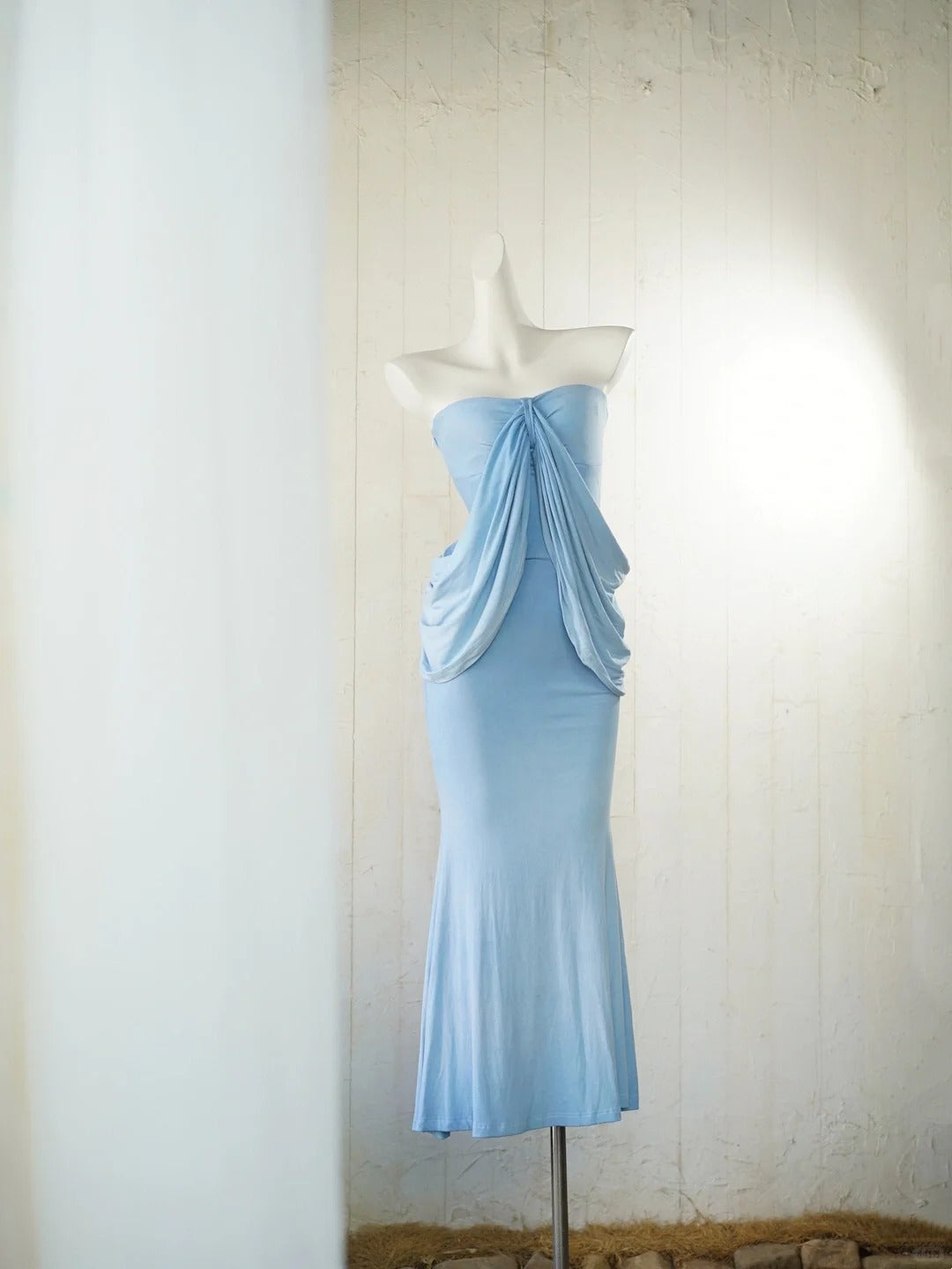 Elegant Light Blue Strapless Party Dress Simple Mermaid Evening Dress