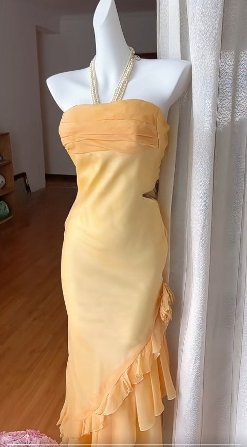 Fairytale Strapless Ruffled Sheath Party Dresses Gradient Orange Formal Evening Dress