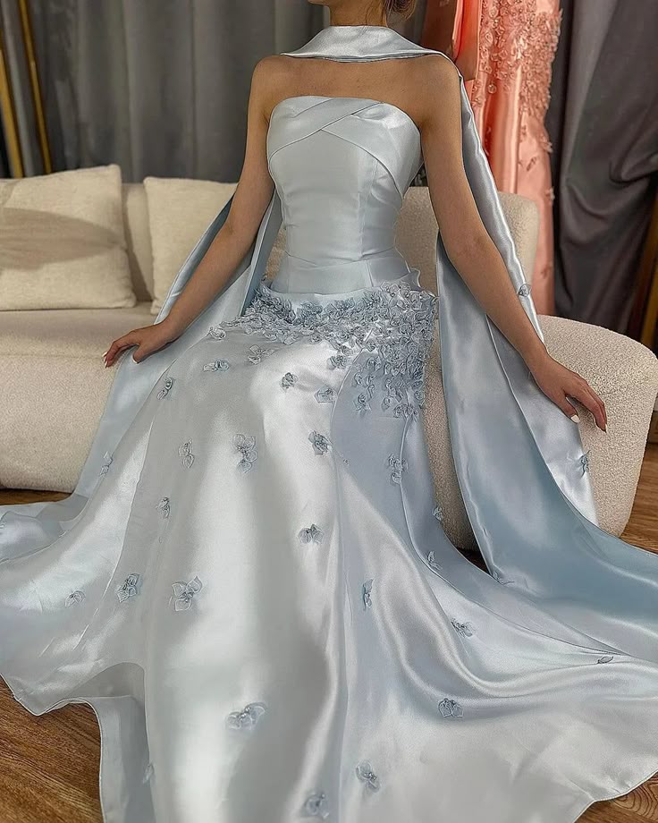 Elegant Gray Blue Satin A-Line Strapless Wedding Dress Formal Evening Dress