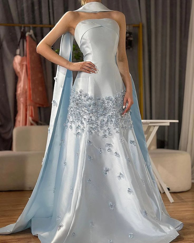 Elegant Gray Blue Satin A-Line Strapless Wedding Dress Formal Evening Dress