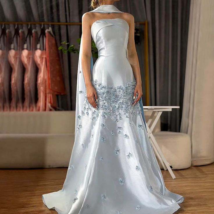 Elegant Gray Blue Satin A-Line Strapless Wedding Dress Formal Evening Dress