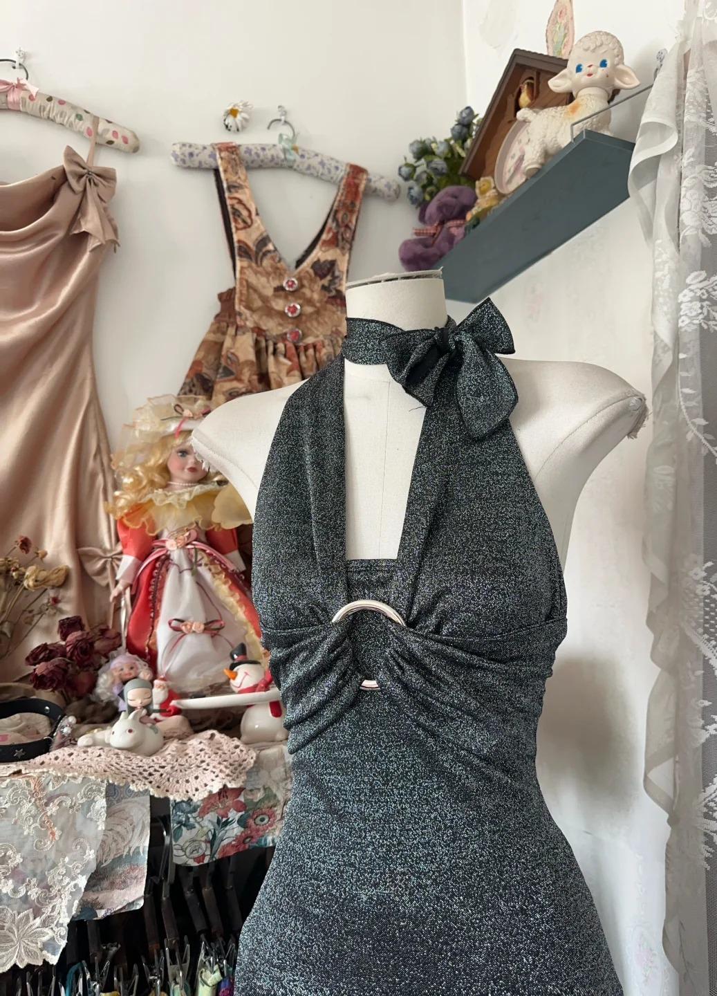 Modern Halter Black Grey Sheath Backless Long Party Dress Cocktail Dress