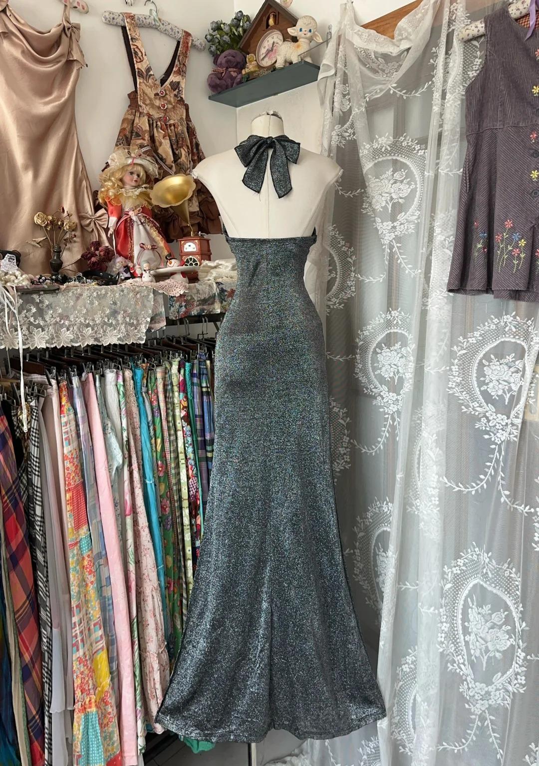 Modern Halter Black Grey Sheath Backless Long Party Dress Cocktail Dress