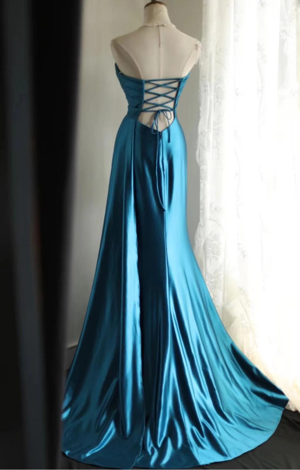 Elegant Satin Mermaid Long Evening Dresses Turquoise Sweetheart Open Back Prom Dresses