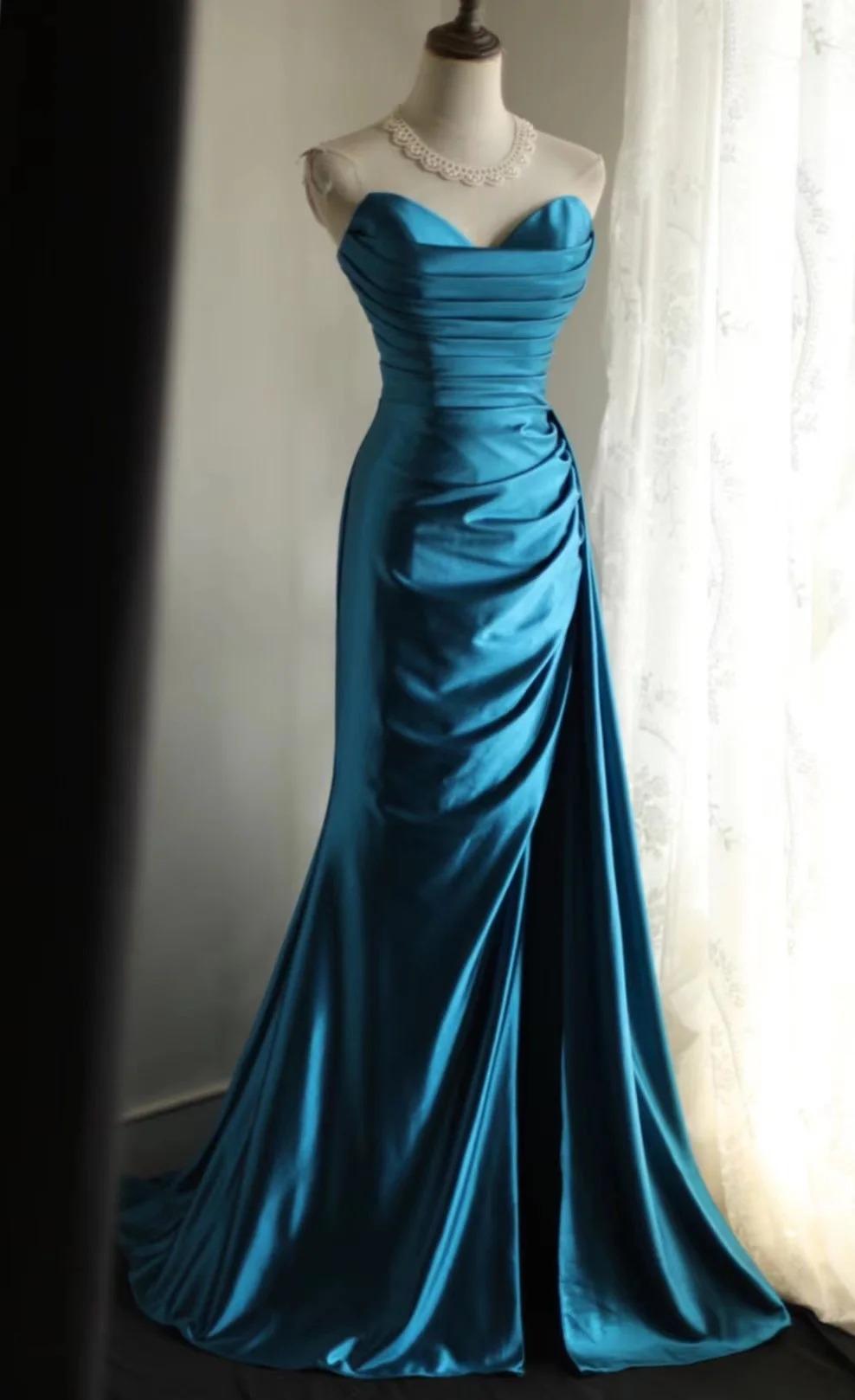 Elegant Satin Mermaid Long Evening Dresses Turquoise Sweetheart Open Back Prom Dresses