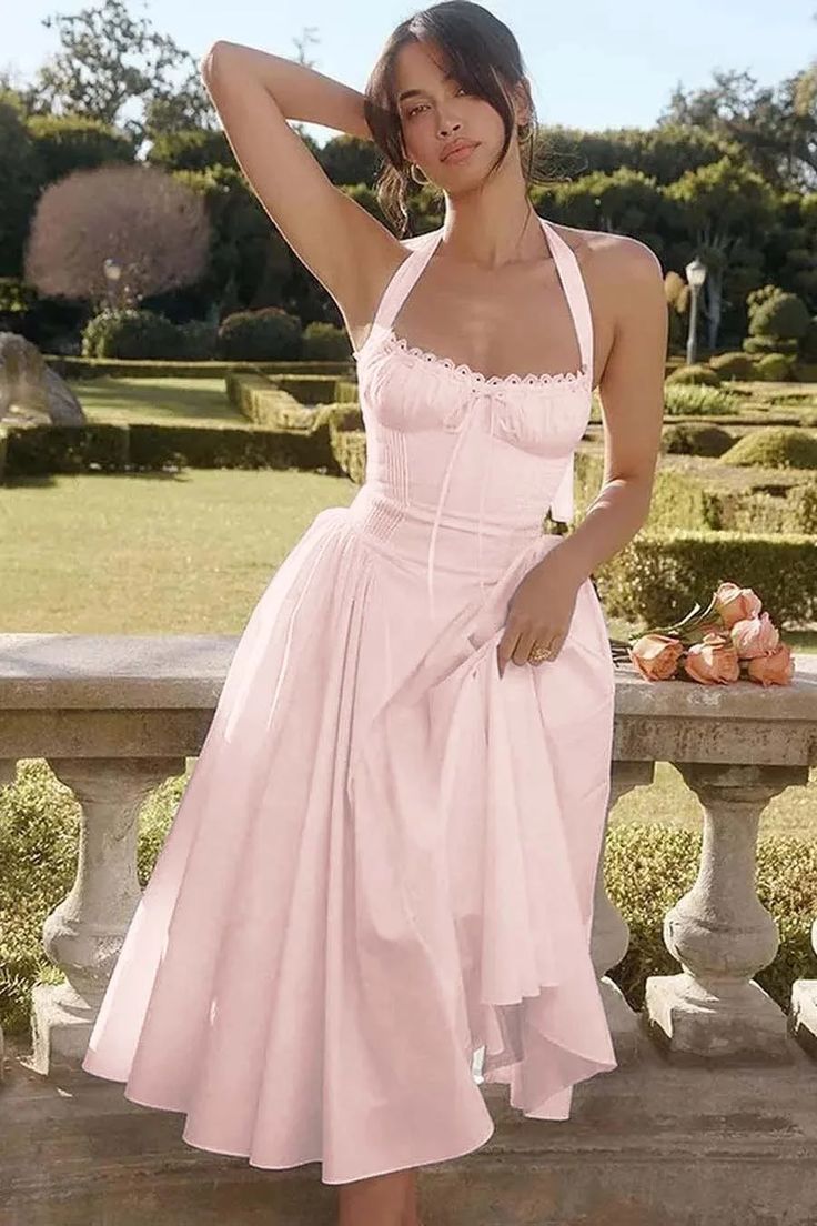 Sweet Pink A-Line Halter Satin Cocktail Prom Dresses Simple Party Dresses