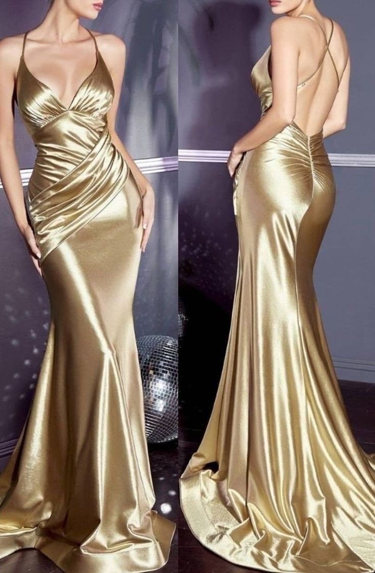 Shiny Satin V-Neck Backless Mermaid Evening Dress Stunning Party Dresses