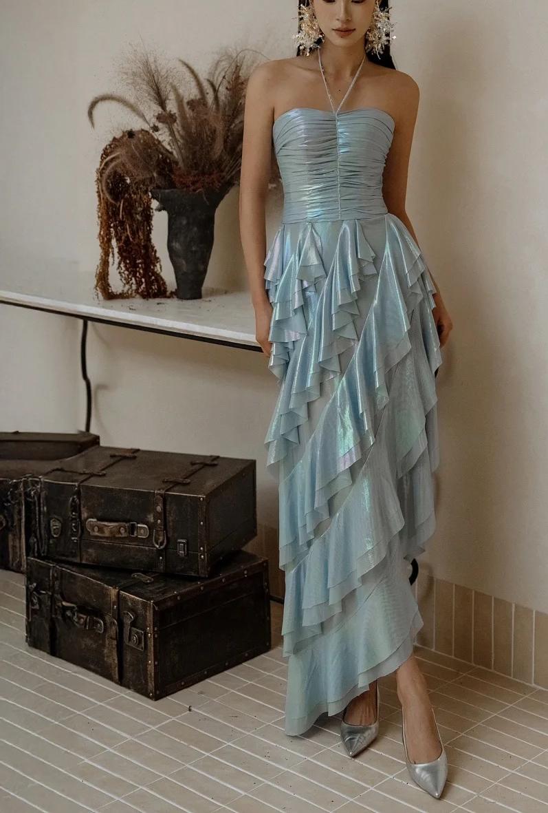 Glitter Ice Blue Halter Neck Chiffon Short Party Dress Gorgeous Layered Chiffon Homecoming Dress