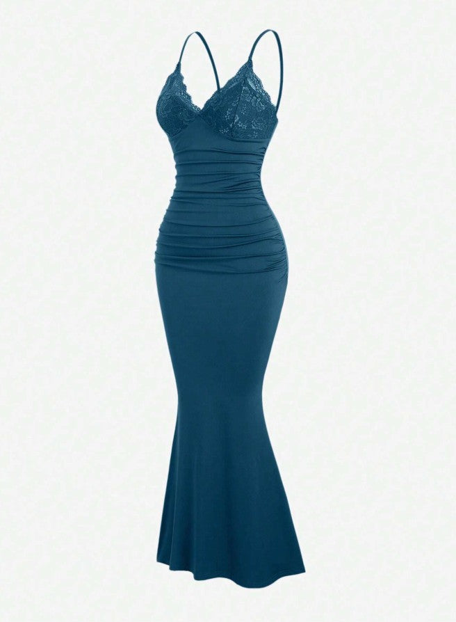 Classic Teal Spaghetti Straps Mermaid Evening Dress Satin Lace Short Party Dress