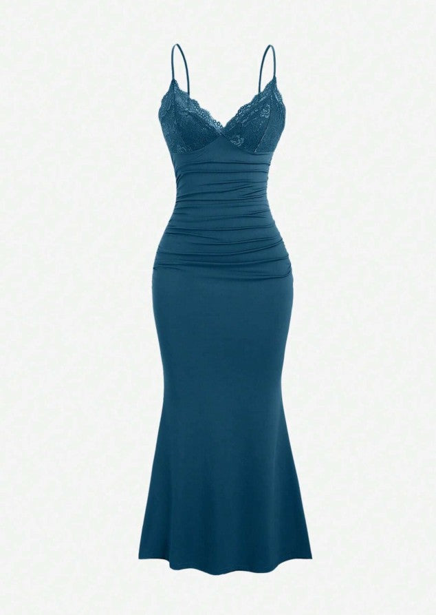 Classic Teal Spaghetti Straps Mermaid Evening Dress Satin Lace Short Party Dress