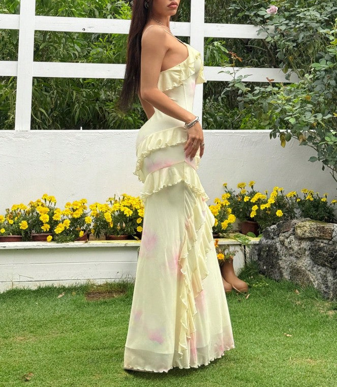 Sexy Yellow V-Neck Sheath Chiffon Ruffle Spaghetti Straps Party Dress