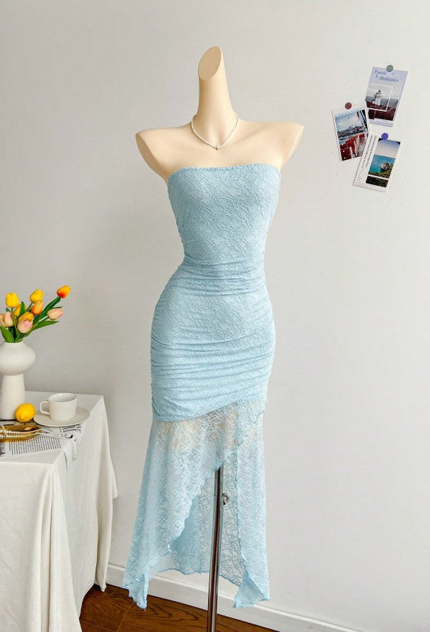 Gorgeous Royal Blue Lace Bodycon Short Party Dress Strapless Backless Evening Dress