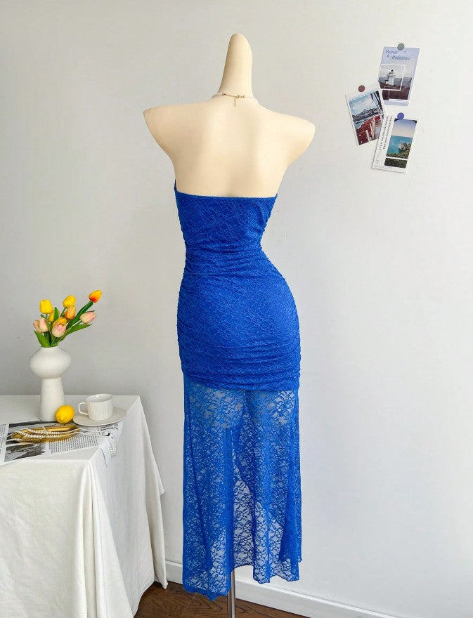Gorgeous Royal Blue Lace Bodycon Short Party Dress Strapless Backless Evening Dress