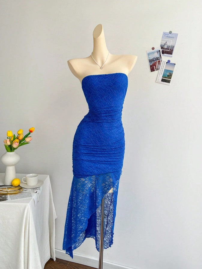 Gorgeous Royal Blue Lace Bodycon Short Party Dress Strapless Backless Evening Dress
