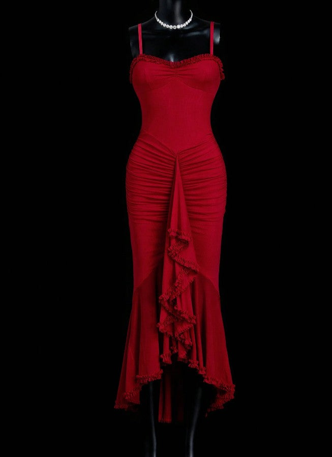Classic Red Chiffon Spaghetti Straps Mermaid Party Dresses