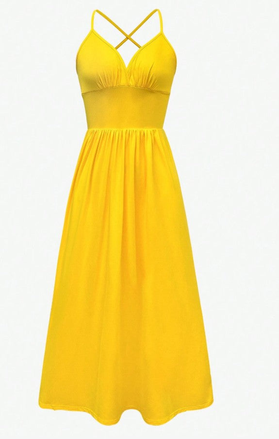 Sexy Yellow Spaghetti Straps Satin A-Line Sleeveless Party Dresses with Slits