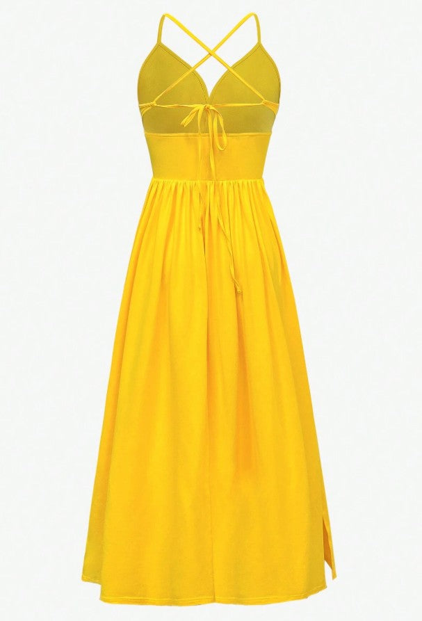 Sexy Yellow Spaghetti Straps Satin A-Line Sleeveless Party Dresses with Slits