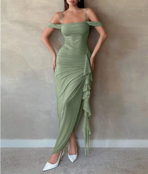 Chic Sage Green Spaghetti Strap Sheath Chiffon Ruffles Evening Dress