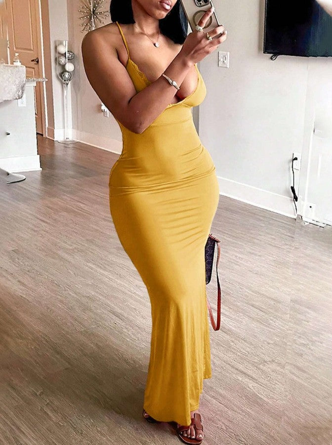 Yellow Spaghetti Strap Bodycon V Neck Party Dress