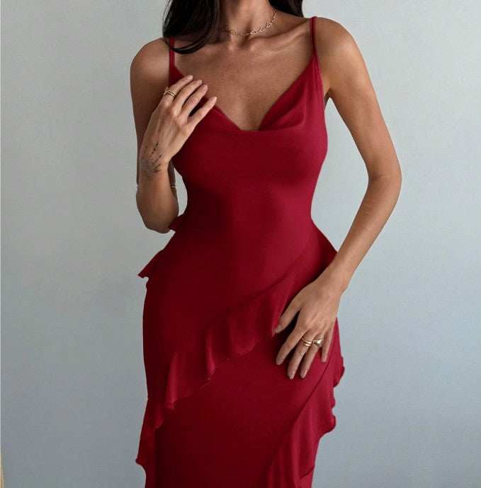 Classic Red Spaghetti Straps Mermaid Party Dress Chiffon Ruffle Evening Dress