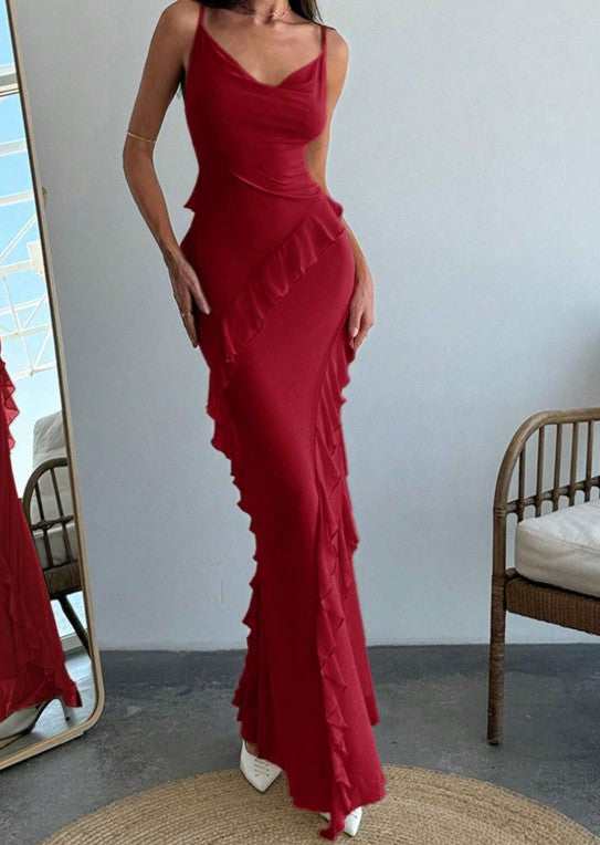 Classic Red Spaghetti Straps Mermaid Party Dress Chiffon Ruffle Evening Dress