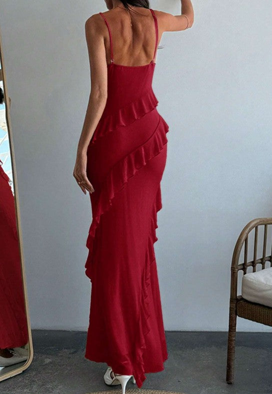 Classic Red Spaghetti Straps Mermaid Party Dress Chiffon Ruffle Evening Dress