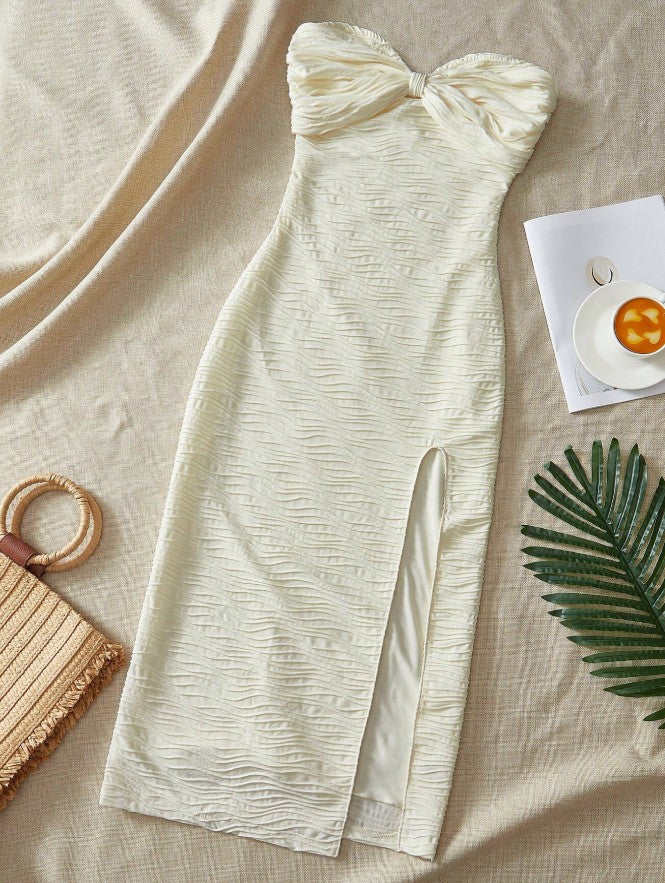 Fashion Sexy Strapless Chiffon Bodycon Party Dress with Slits