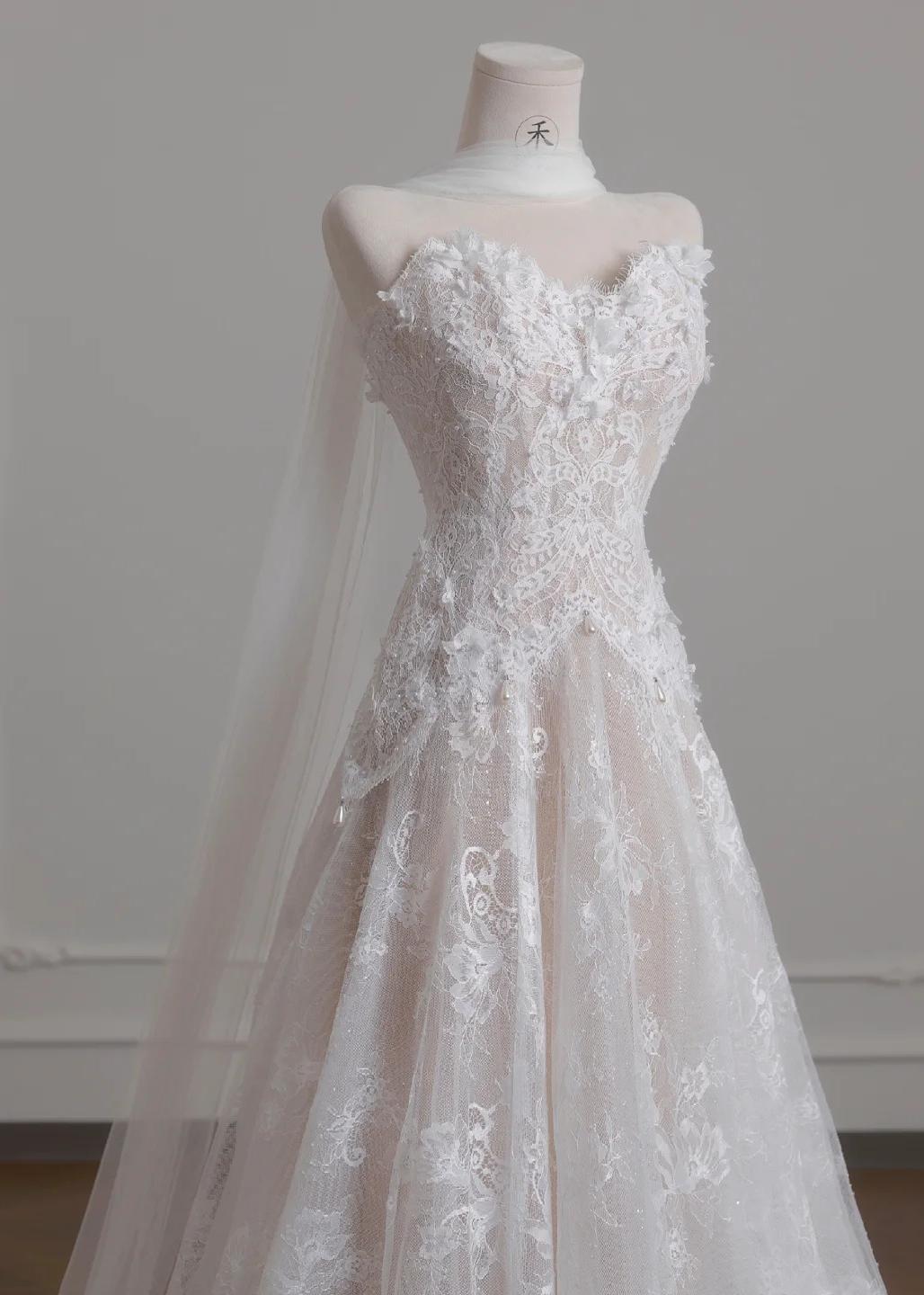 White Strapless Tulle Lace Vintage Wedding Dress Gorgeous A-Line Long Prom Dresses