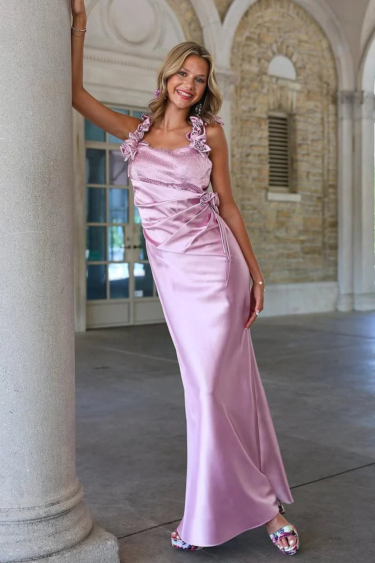 Simple Gray Pink Spaghetti Straps Satin Fashion Dress for Party Bridesmaids
