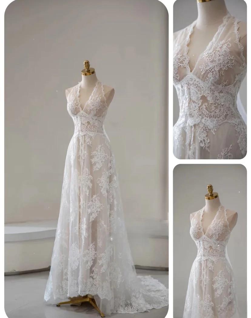 Elegant White Lace Applique Beaded A-line Vintage Wedding Dress