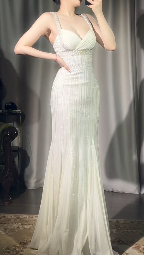 Gothic Apricot Spaghetti Straps Mermaid Party Dress Beaded Chiffon Prom Dresses Elegant Evening Gowns