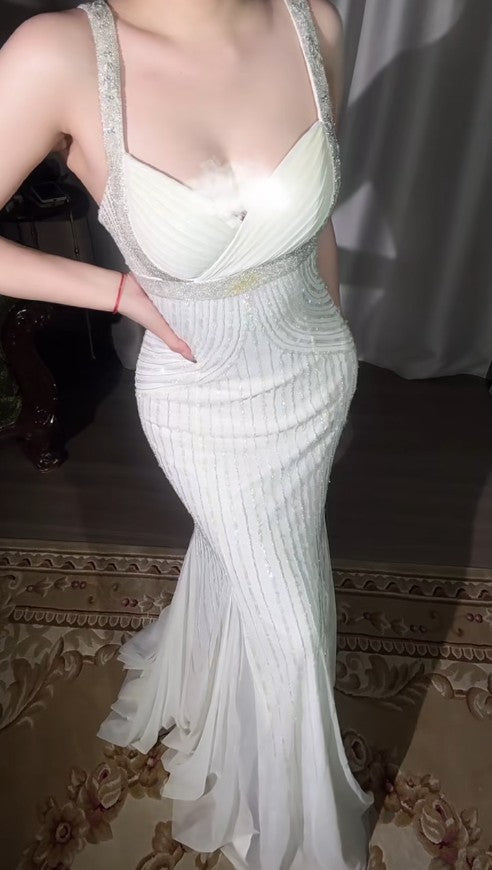 Gothic Apricot Spaghetti Straps Mermaid Party Dress Beaded Chiffon Prom Dresses Elegant Evening Gowns