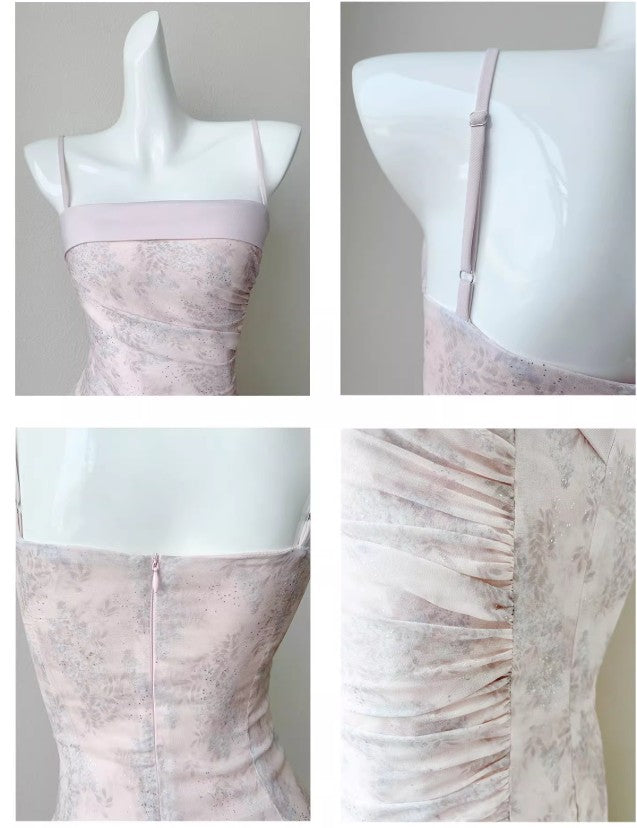 Fairytale Pink Spaghetti Straps Chiffon Ruffles Layered Fashion Prom Dresses