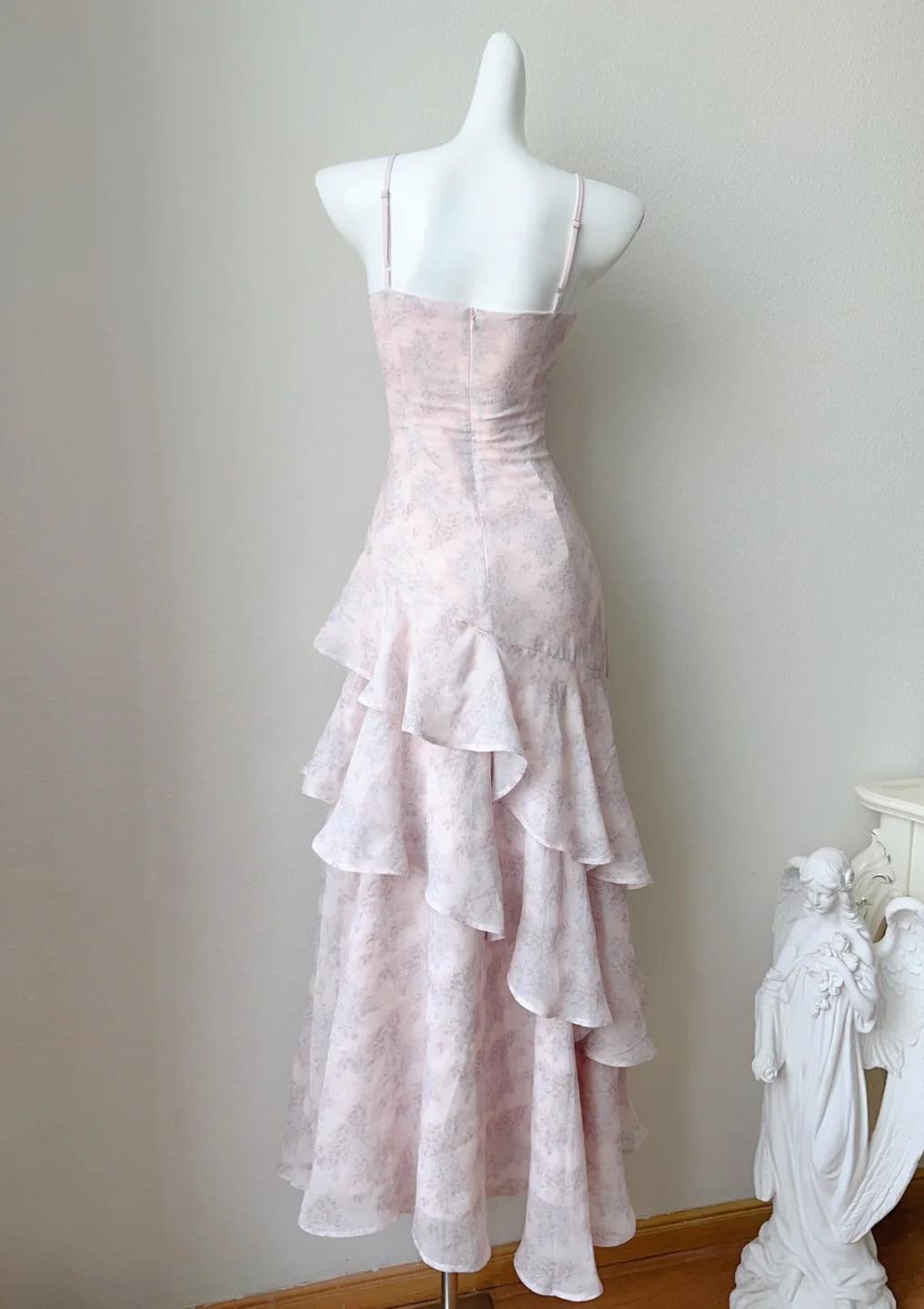 Fairytale Pink Spaghetti Straps Chiffon Ruffles Layered Fashion Prom Dresses