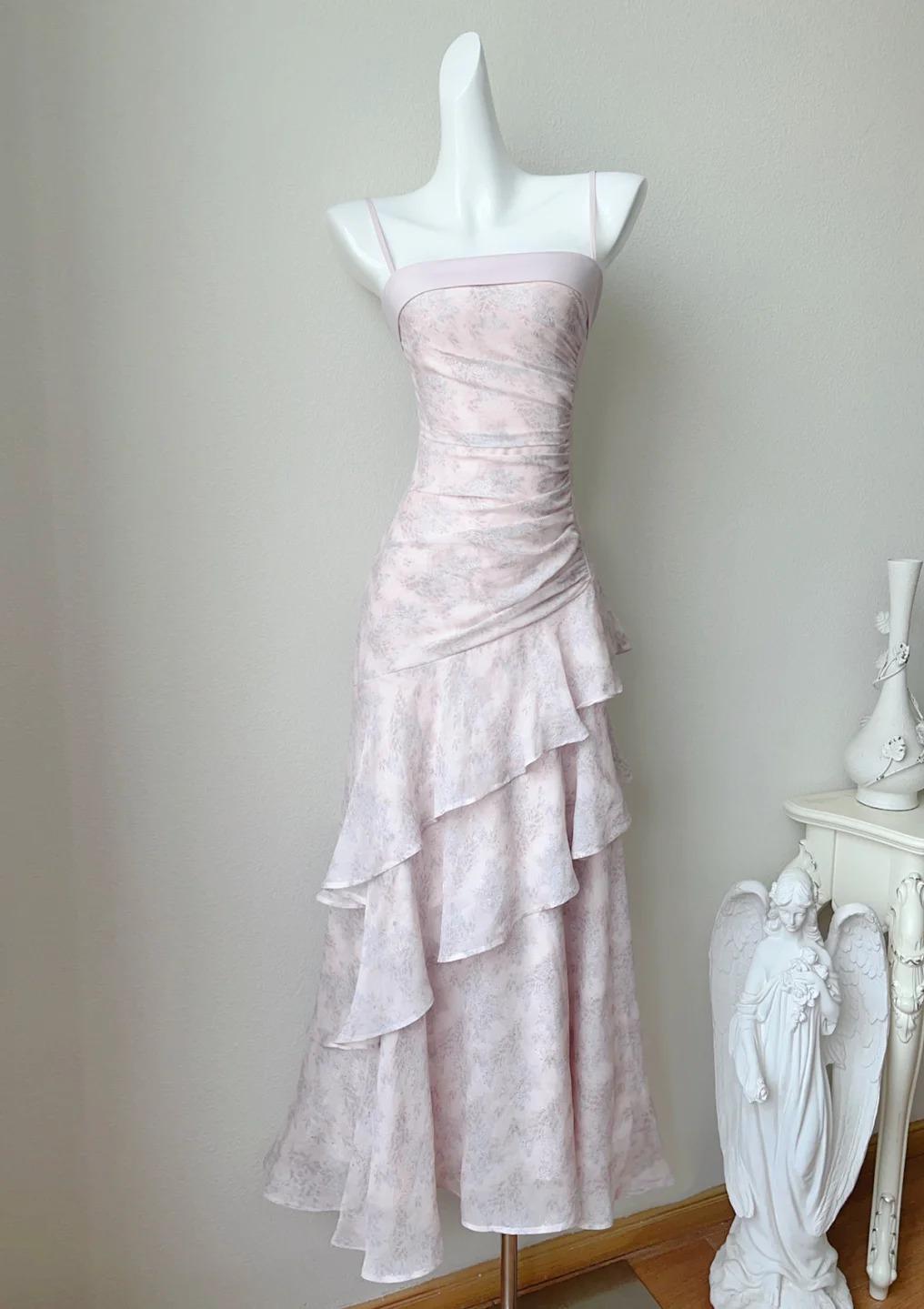 Fairytale Pink Spaghetti Straps Chiffon Ruffles Layered Fashion Prom Dresses